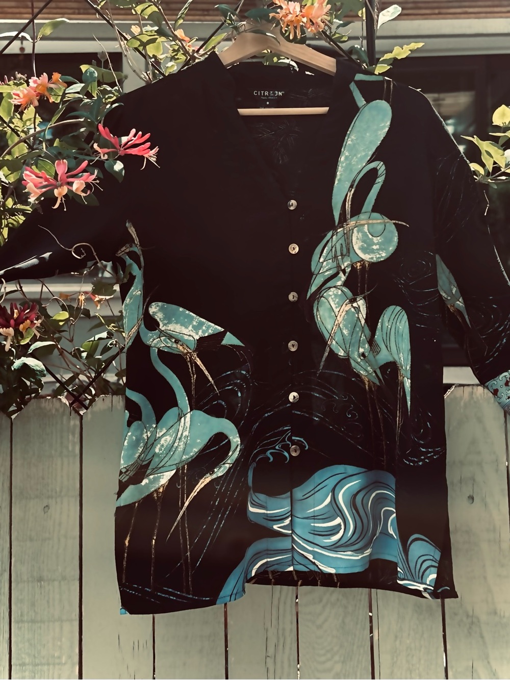 Citron Black Button-Down Shirt with Teal and Aqua Prints